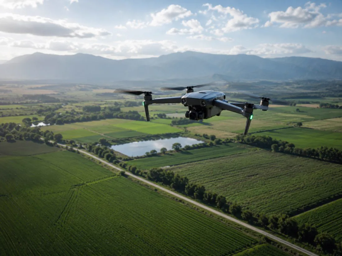Survey drone flying over a patchwork of green farmland
