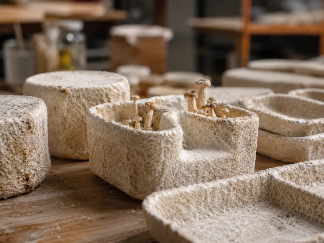 Mycelium grown into moulded trays and blocks with young mushrooms emerging