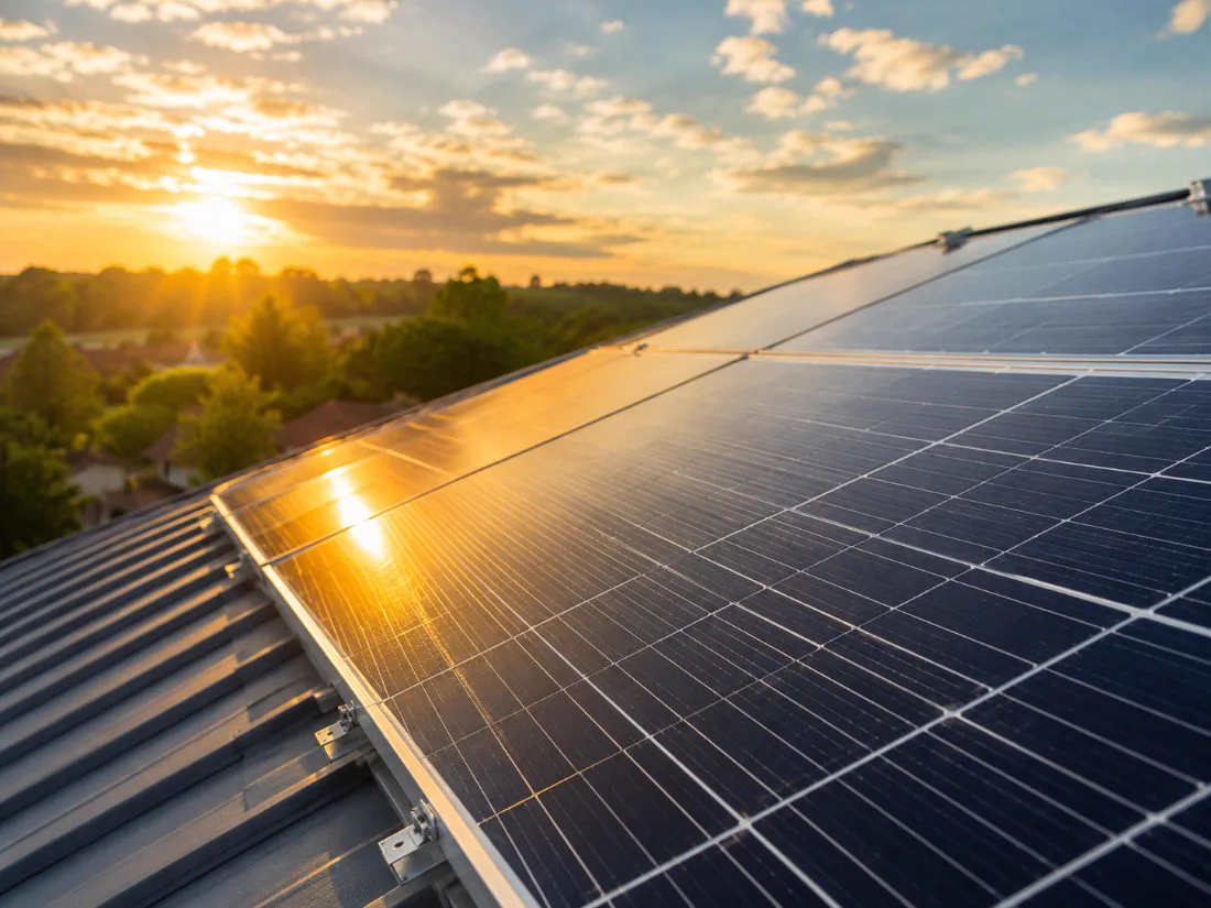 Rooftop solar panels catching the light at sunset