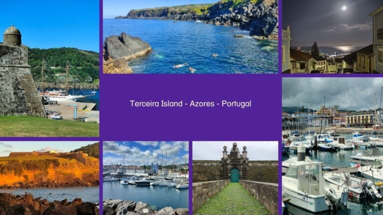 Collage of Terceira, Azores: a fort with a sailing ship in the harbour, swimmers in blue sea by black volcanic rock, a moonlit town, a marina below a church, a stone fortress gate with a green door and cliffs at sunset