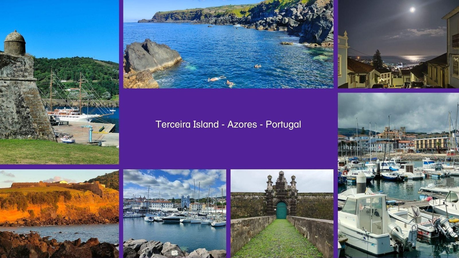 Collage of Terceira, Azores: a fort with a sailing ship in the harbour, swimmers in blue sea by black volcanic rock, a moonlit town, a marina below a church, a stone fortress gate with a green door and cliffs at sunset